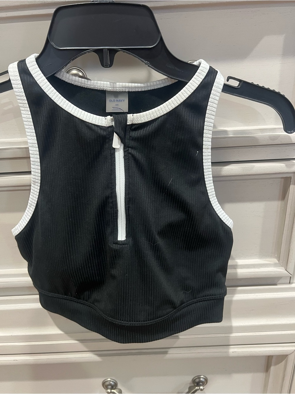 Old Navy Black Ribbed Crop Top with White Trim and Front Zip